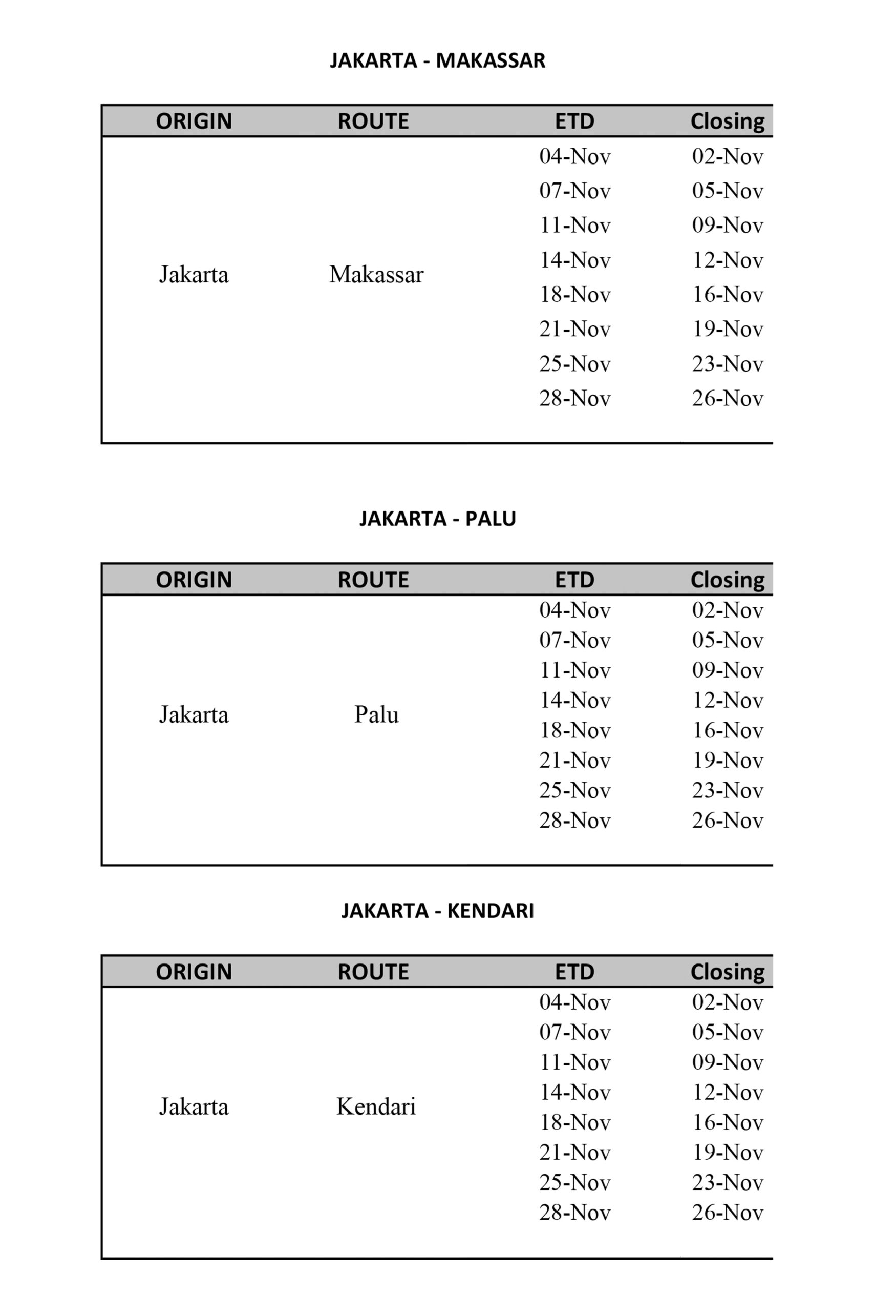 Schedule Kapal LJR LOGISTICS Bulan November 2023 LJR Logistics